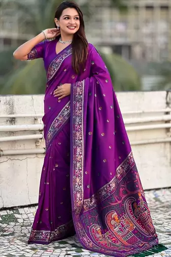 Purple floral embroidered silk blend designer banarasi saree