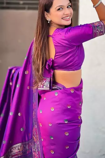 Purple floral embroidered silk blend designer banarasi saree