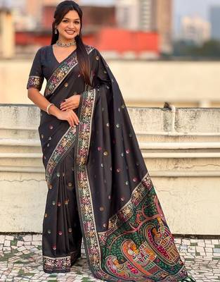 Black floral embroidered silk blend designer banarasi saree 1