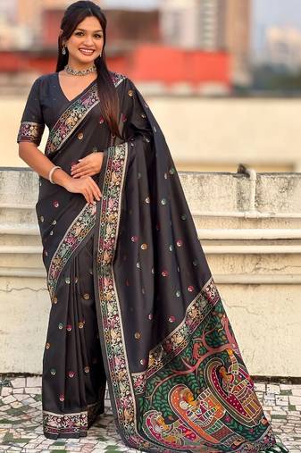 Black floral embroidered silk blend designer banarasi saree