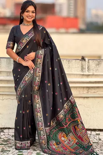 Black floral embroidered silk blend designer banarasi saree