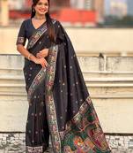 Black floral embroidered silk blend designer banarasi saree