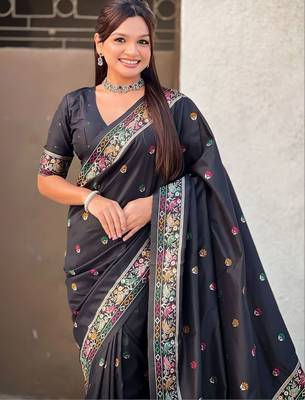 Black floral embroidered silk blend designer banarasi saree 2