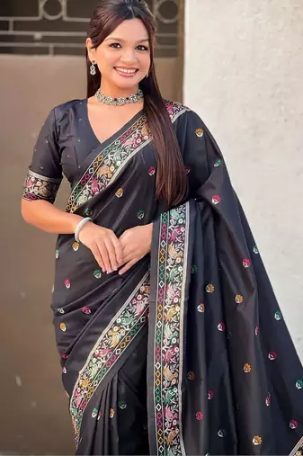 Black floral embroidered silk blend designer banarasi saree