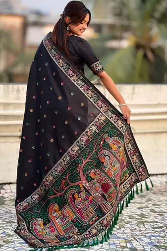 Black floral embroidered silk blend designer banarasi saree