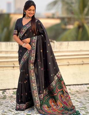Black floral embroidered silk blend designer banarasi saree 4
