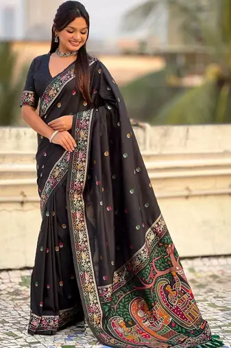 Black floral embroidered silk blend designer banarasi saree