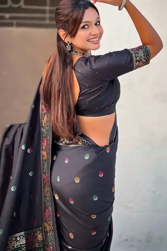 Black floral embroidered silk blend designer banarasi saree