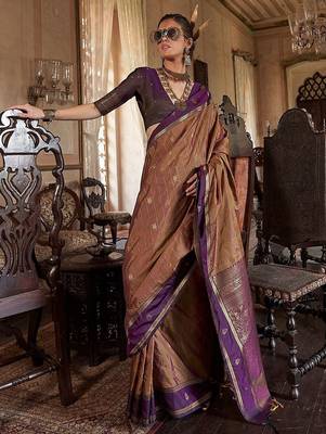Beige ethnic motifs woven design zari tussar saree 1