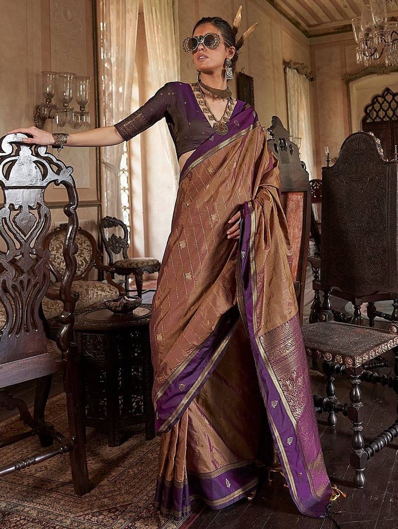 Beige ethnic motifs woven design zari tussar saree