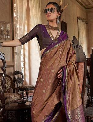 Beige ethnic motifs woven design zari tussar saree 3