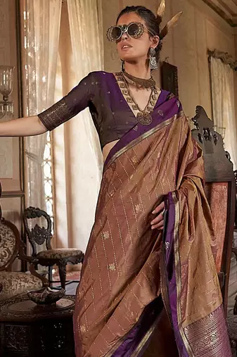 Beige ethnic motifs woven design zari tussar saree