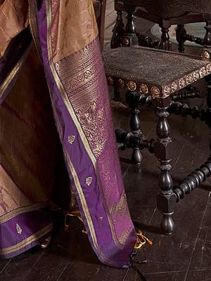 Beige ethnic motifs woven design zari tussar saree 5
