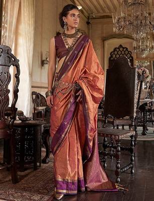 Orange striped woven design zari tussar saree 1