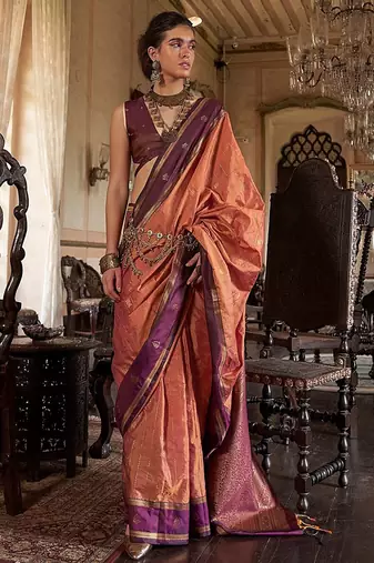 Orange striped woven design zari tussar saree