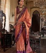 Orange striped woven design zari tussar saree