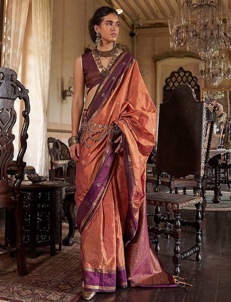 Orange striped woven design zari tussar saree