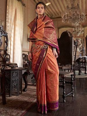 Orange striped woven design zari tussar saree 2