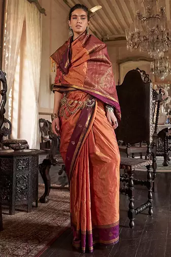 Orange striped woven design zari tussar saree
