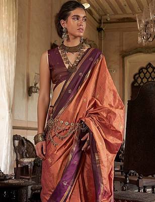 Orange striped woven design zari tussar saree 3