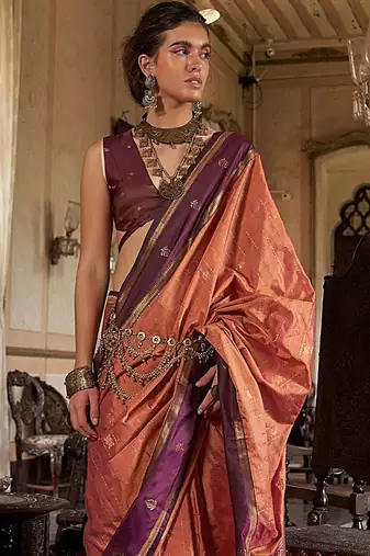 Orange striped woven design zari tussar saree