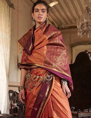 Orange striped woven design zari tussar saree 4