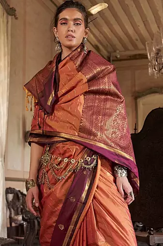 Orange striped woven design zari tussar saree