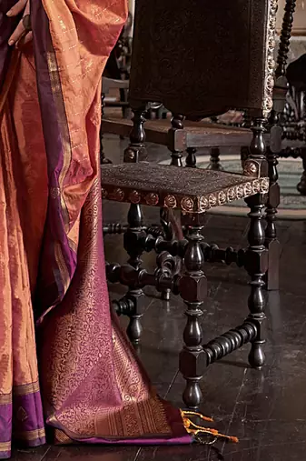 Orange striped woven design zari tussar saree