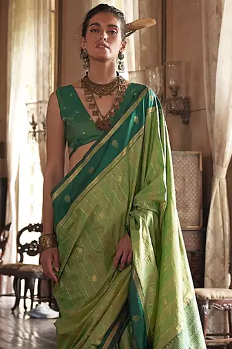 Green striped woven design zari tussar saree