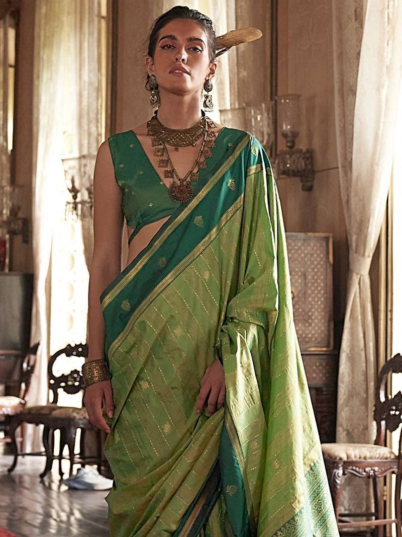 Green striped woven design zari tussar saree