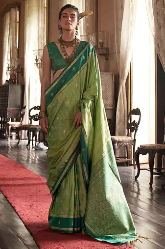 Green striped woven design zari tussar saree