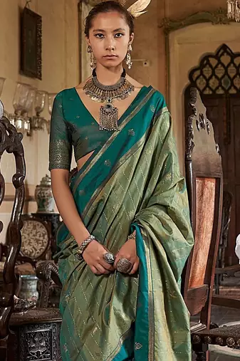 Green striped zari tussar saree