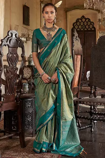 Green striped zari tussar saree
