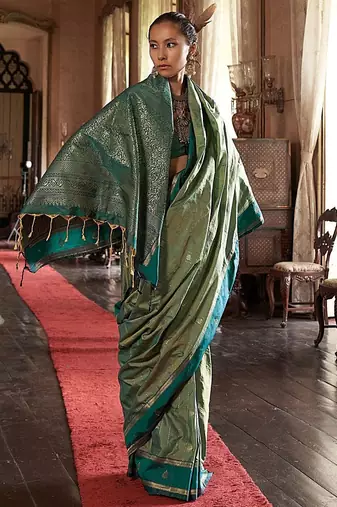 Green striped zari tussar saree