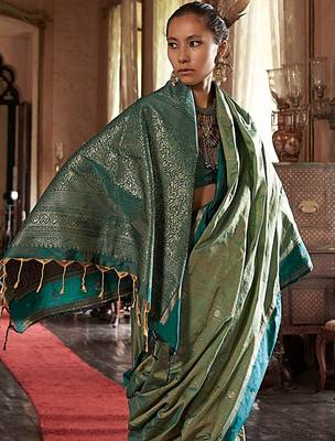 Green striped zari tussar saree 4
