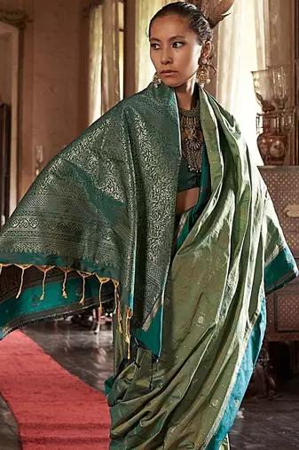 Green striped zari tussar saree