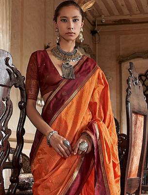 Orange striped zari tussar saree 1
