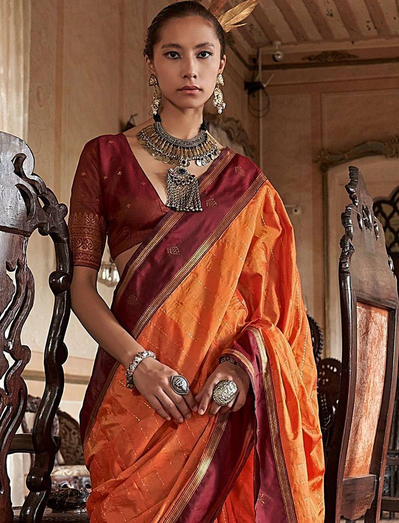 Orange striped zari tussar saree