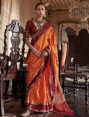 Orange striped zari tussar saree 2
