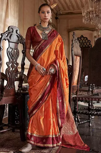 Orange striped zari tussar saree
