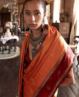 Orange striped zari tussar saree 3