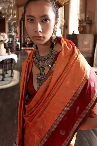 Orange striped zari tussar saree