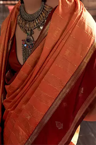 Orange striped zari tussar saree