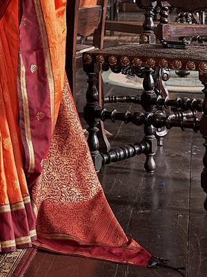 Orange striped zari tussar saree 5