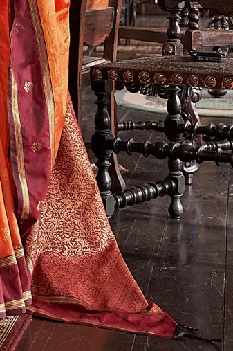 Orange striped zari tussar saree