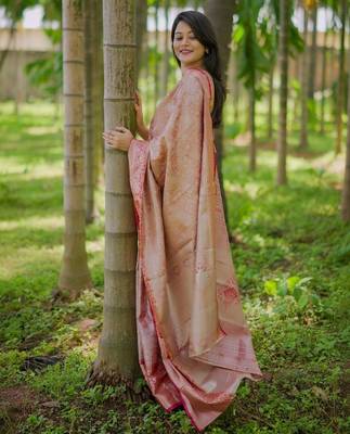 Peach woven design zari kanchipuram silk saree with unstiched blouse piece 2
