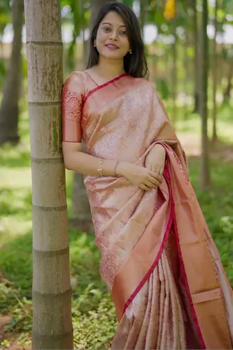 Peach woven design zari kanchipuram silk saree with unstiched blouse piece