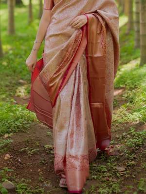 Peach woven design zari kanchipuram silk saree with unstiched blouse piece 4