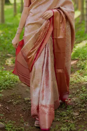 Peach woven design zari kanchipuram silk saree with unstiched blouse piece