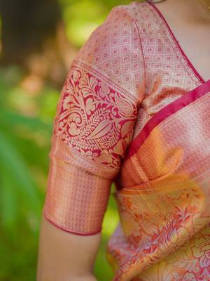 Peach woven design zari kanchipuram silk saree with unstiched blouse piece 5